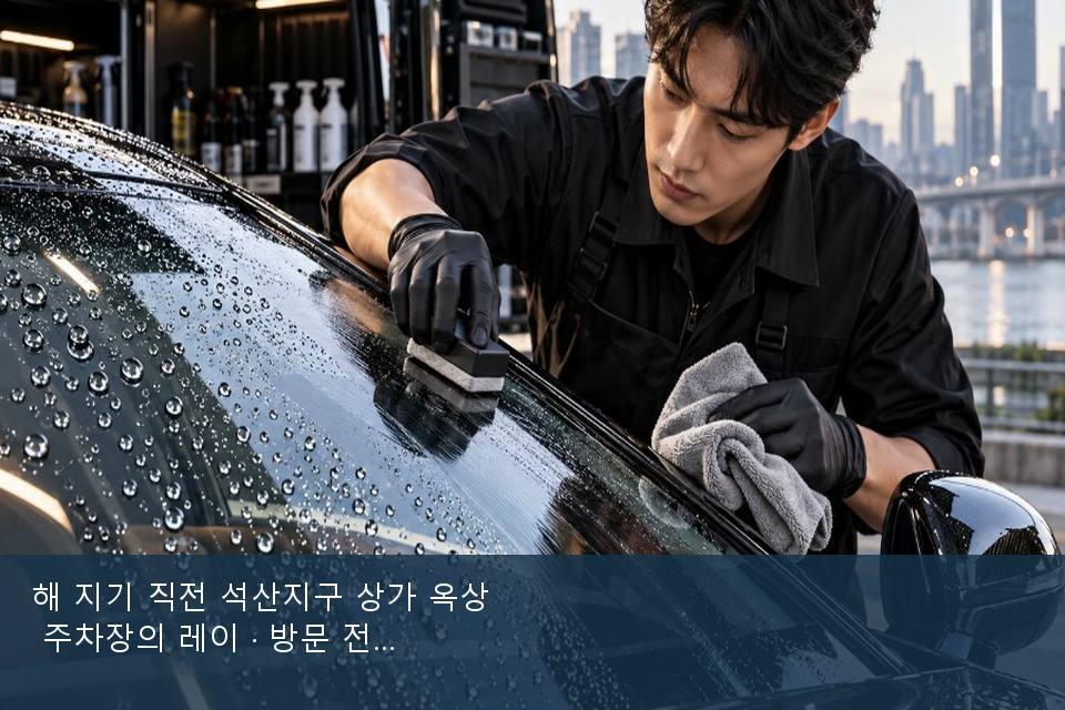 해 지기 직전 석산지구 상가 옥상 주차장의 레이 · 방문 전에 확인한 것